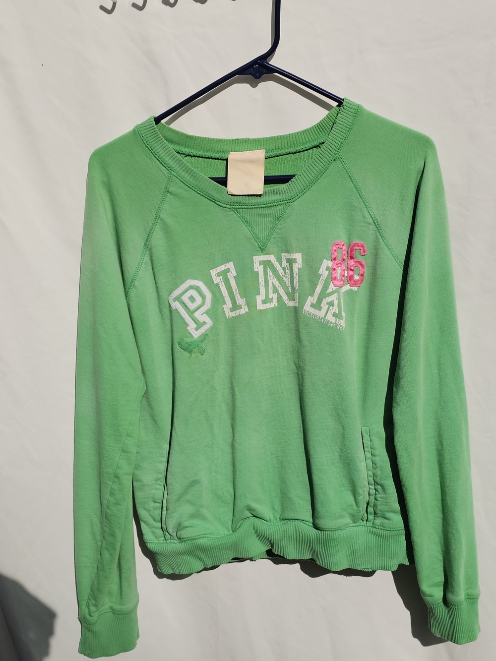 PINK Victoria's Secret Lime Green Crew Sweatshirt with Pink '86 - 2005